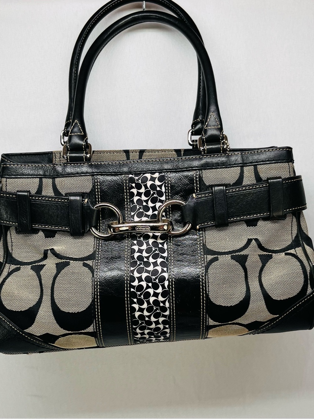 Coach Hampton Black Signature Canvas Tote with Leather Trim